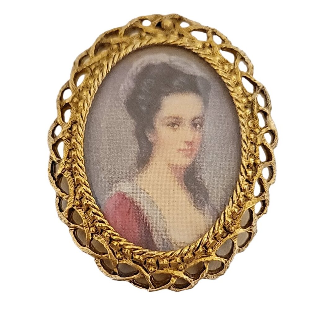 Florenza Gold Tone Cameo Print Lady's Portrait Brooch Pendant, Signed K565